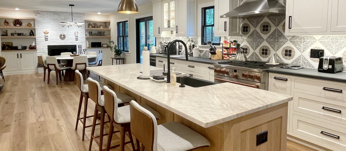 Remodeled kitchen focused on countertop, cabinets, and flooring